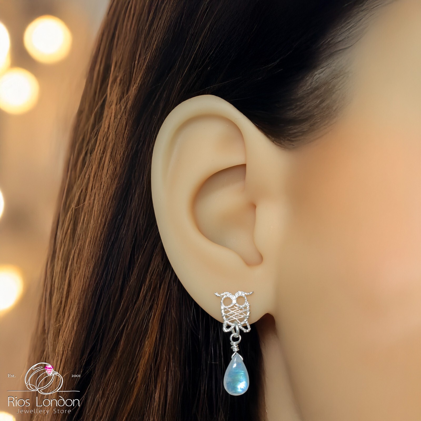 Sterling Silver Wire-Wrapped Owl Earrings with Natural Rainbow Moonstone, Boxed