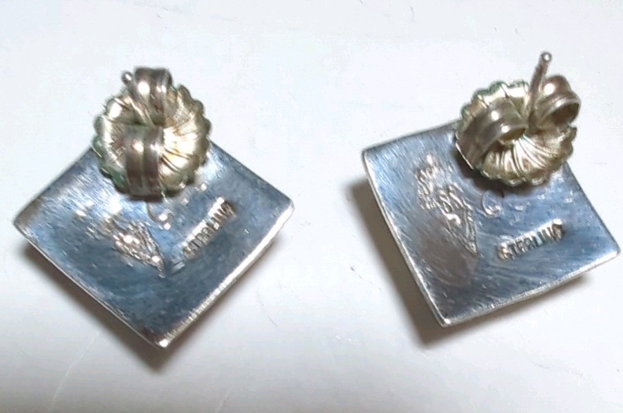 Native American Square Opal Inlay Stud Earrings Signed With C And Other Emblem