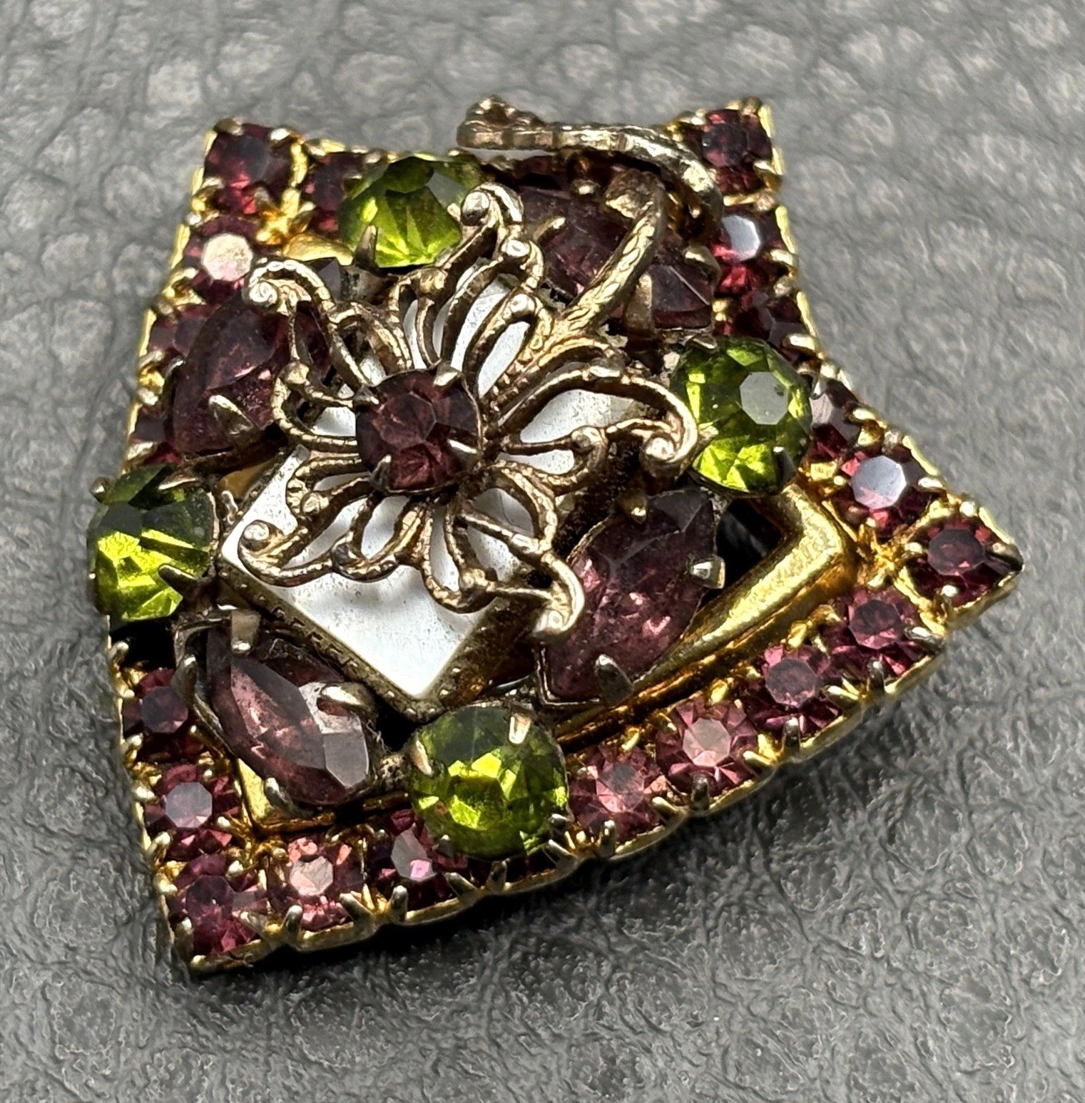 VTG Gold Tone Brooch Purple Faux Amethyst Faux Peridot Rhinestone Crystal Pin