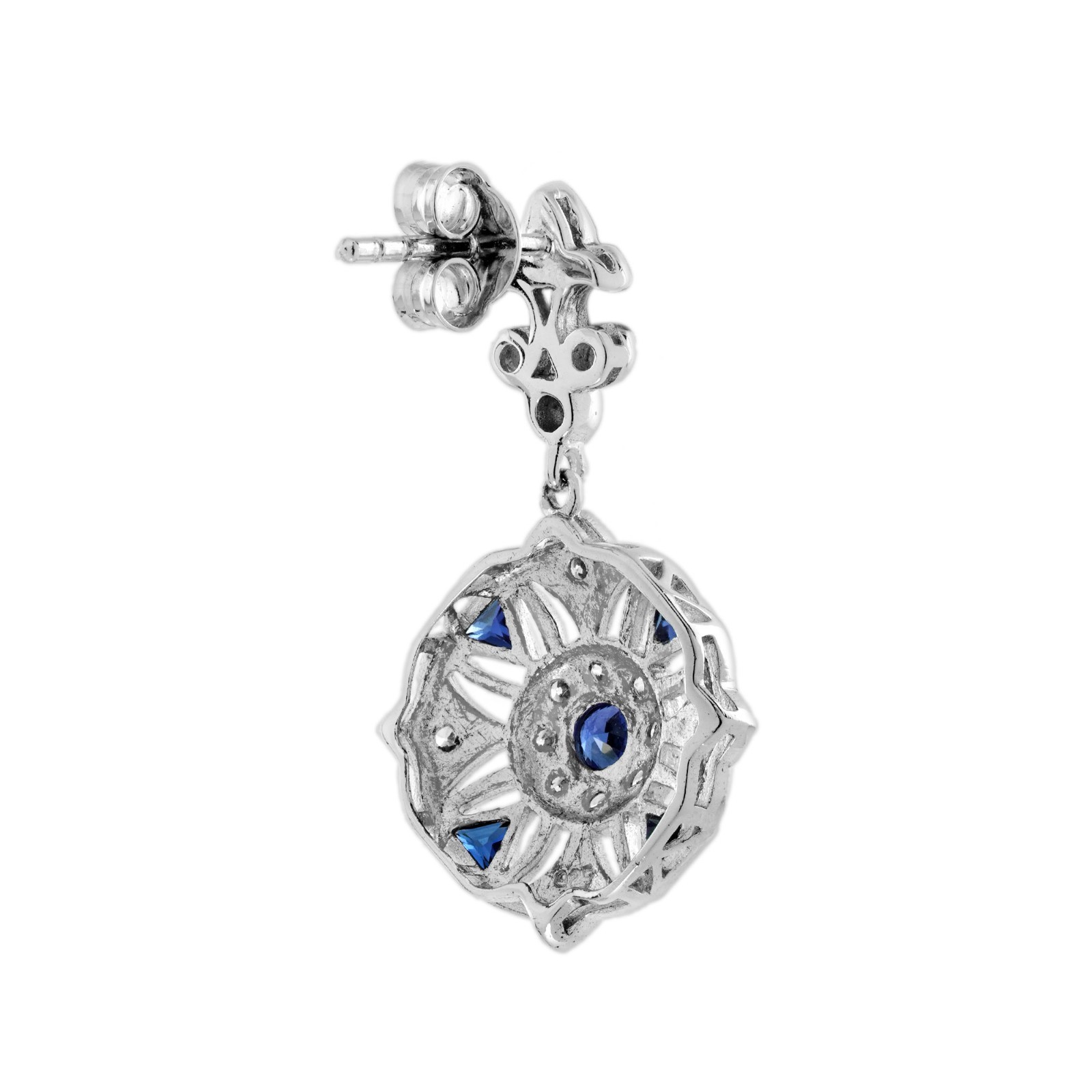 14K White Gold Sapphire Diamond Openwork Drop Dangle Earrings Art Deco Style