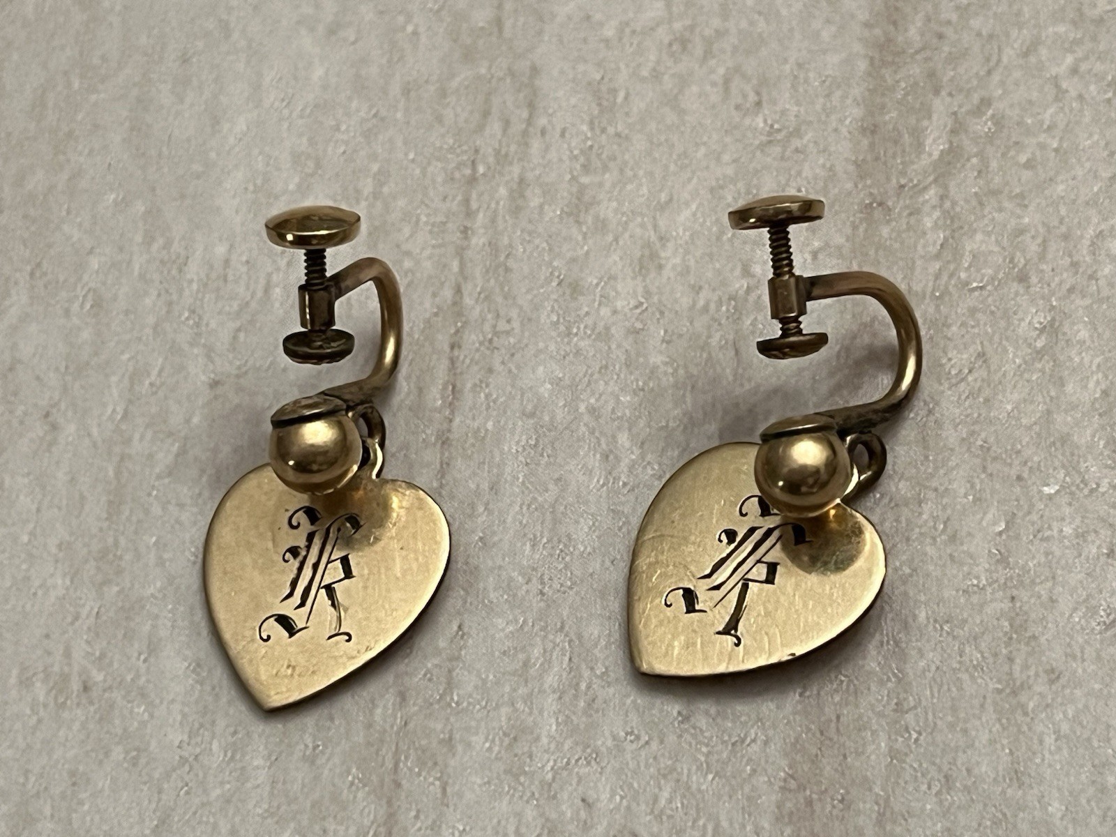 VTG 1/20 10K GF & 1/20 12K GF Monogrammed Heart Dangle Screw Back Earrings