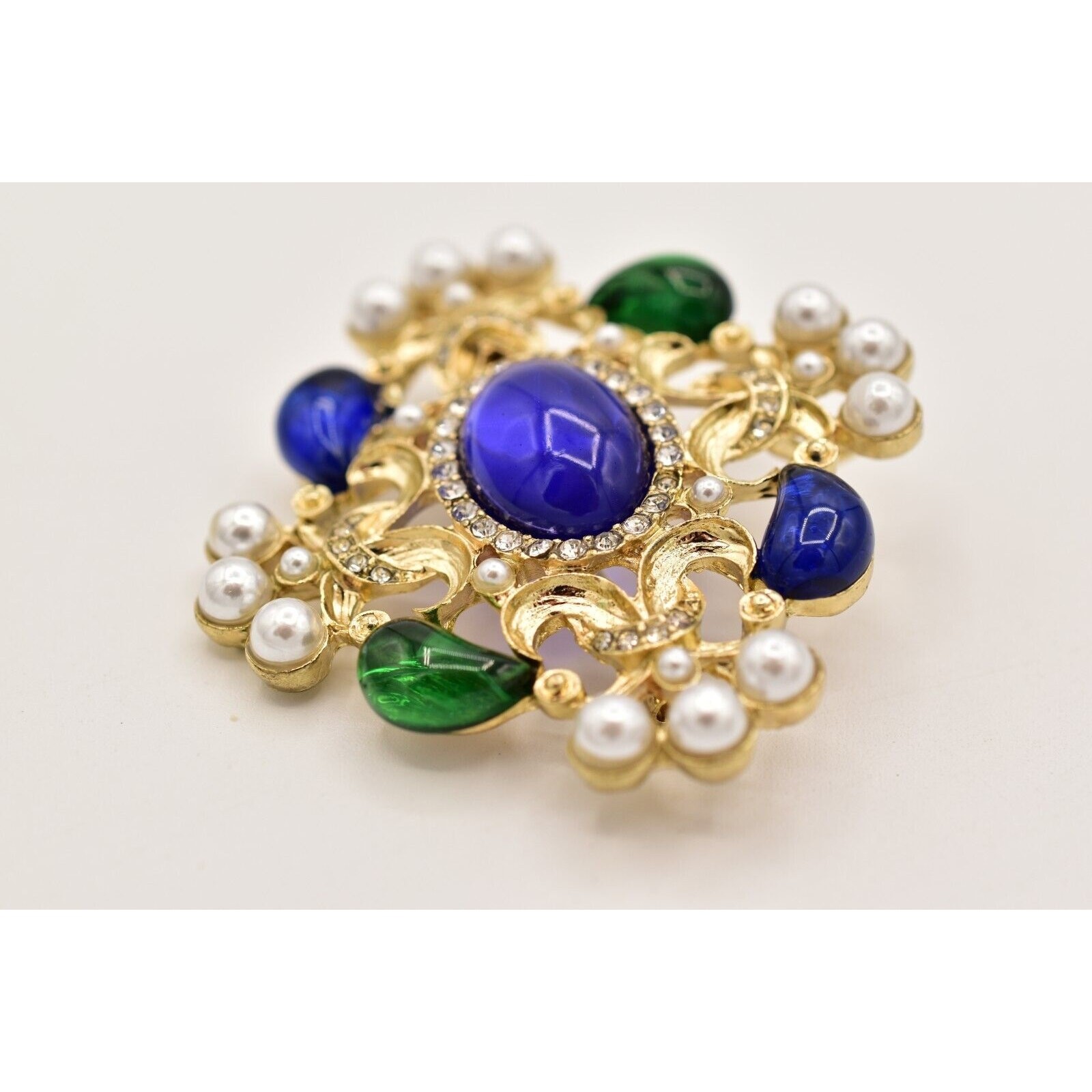 Vintage Cabochon Brooch Pin Faux Pearl White Blue Green Gold Chunky 1990s BinBG