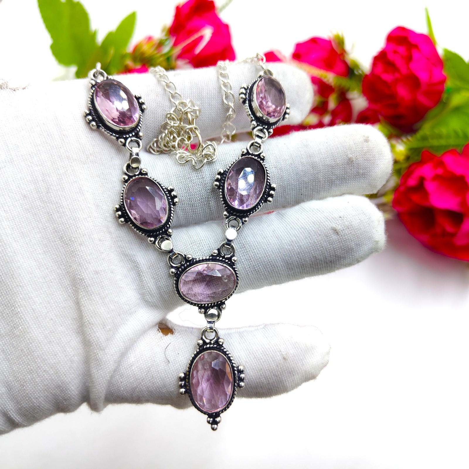 Pink Kunzite Gemstone Handmade 925 Sterling Silver Jewelry Necklace Sz-17-18″