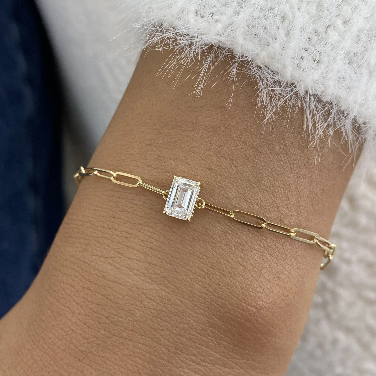 1Ct Emerald Cut Lab Created Diamond Women Chain Bracelet 14K Yellow Gold Plated