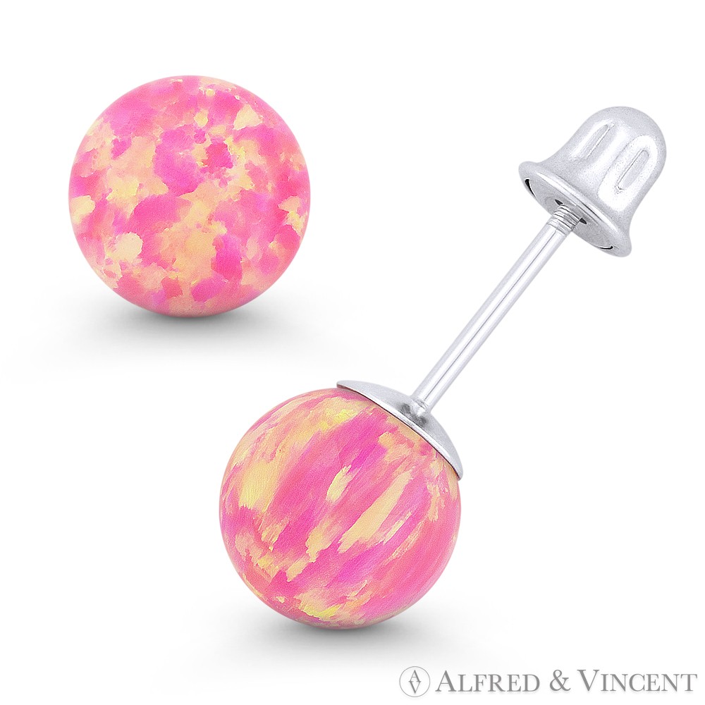 Fiery Royal-Pink Synthetic Opal Ball Screwback Stud Earrings in 14k White Gold
