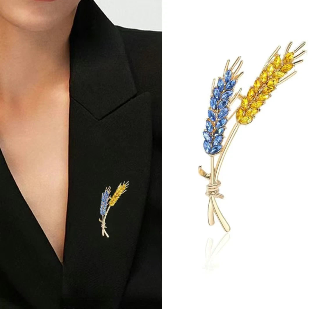 Wheat Brooch Pin Gold Tone Blue Yellow Crystal Rhinestone Ukrainian Style Jewelr