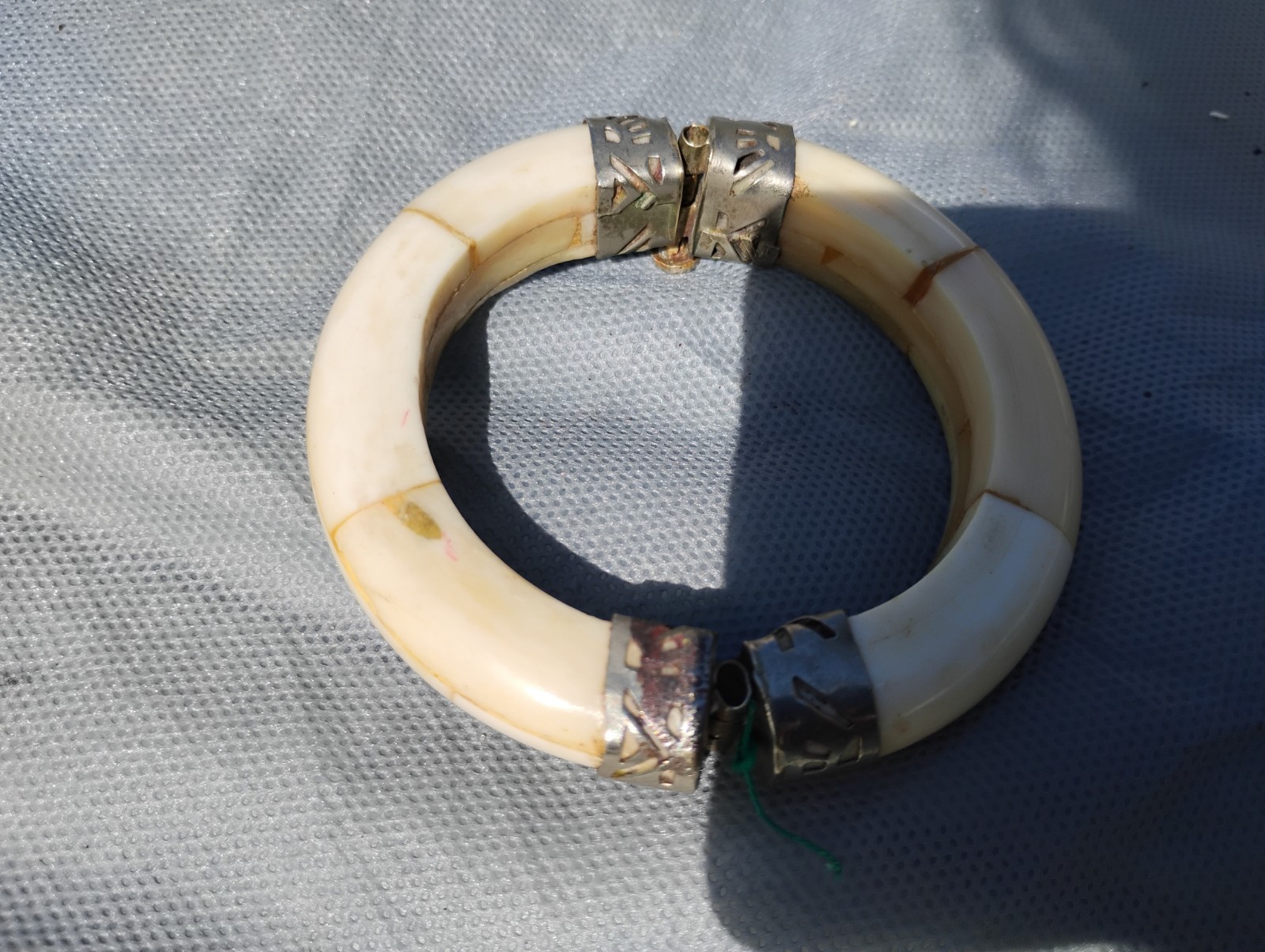 Antique Bovine Water Buffalo Carved Bone Metal Hinged Bangle Bracelet Pre-Loved