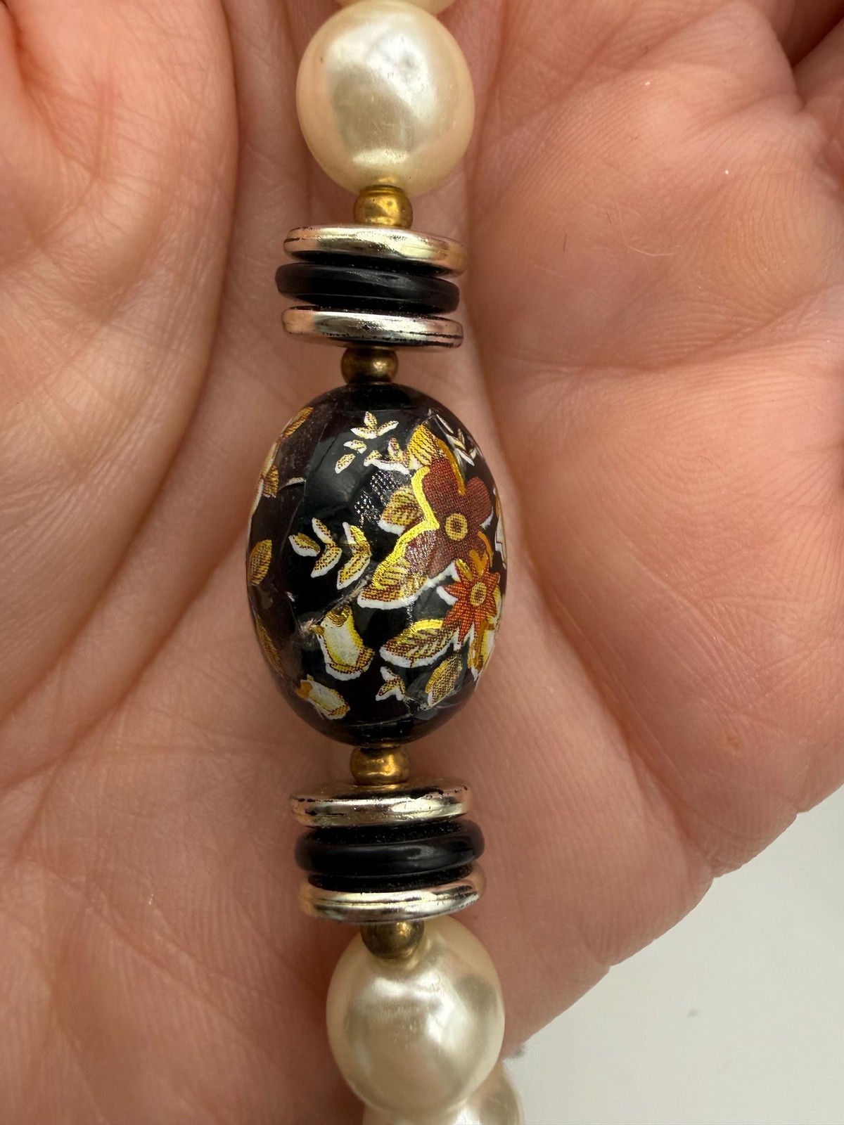 Vintage Faux Pearl Necklace, Black Floral Cloisonné Style Beads, 1980s Statement