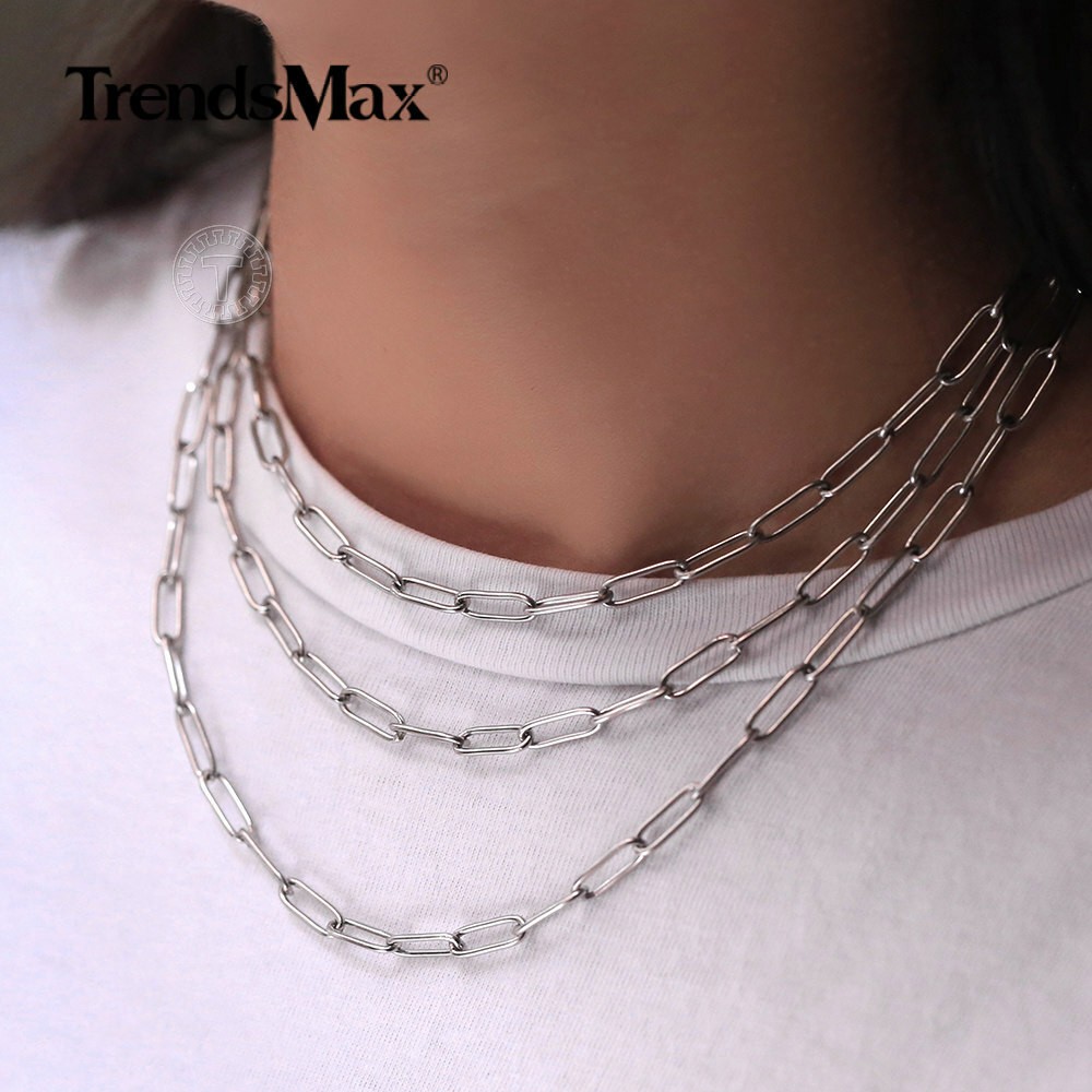 4MM Stainless Steel Silver Paperclip Rolo Chain Necklace Choker Link 16-20″