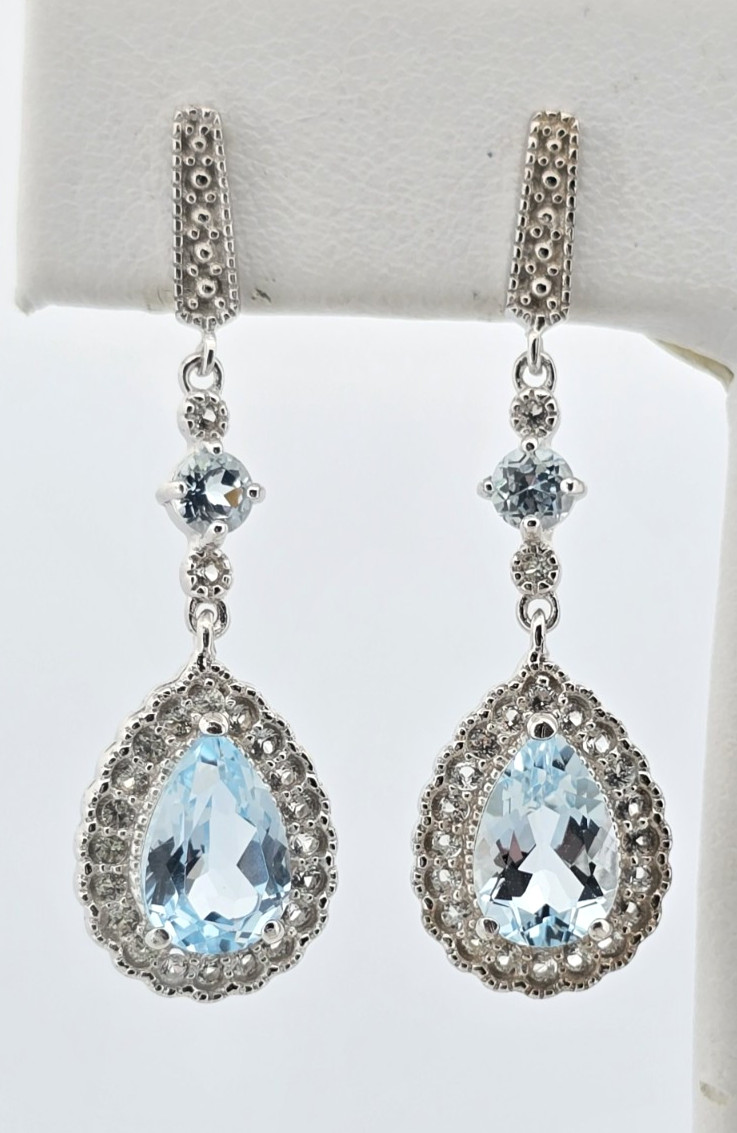 Sterling Silver 925 Blue Topaz White Sapphire Dangle Earrings Elegant Drop 1.25″