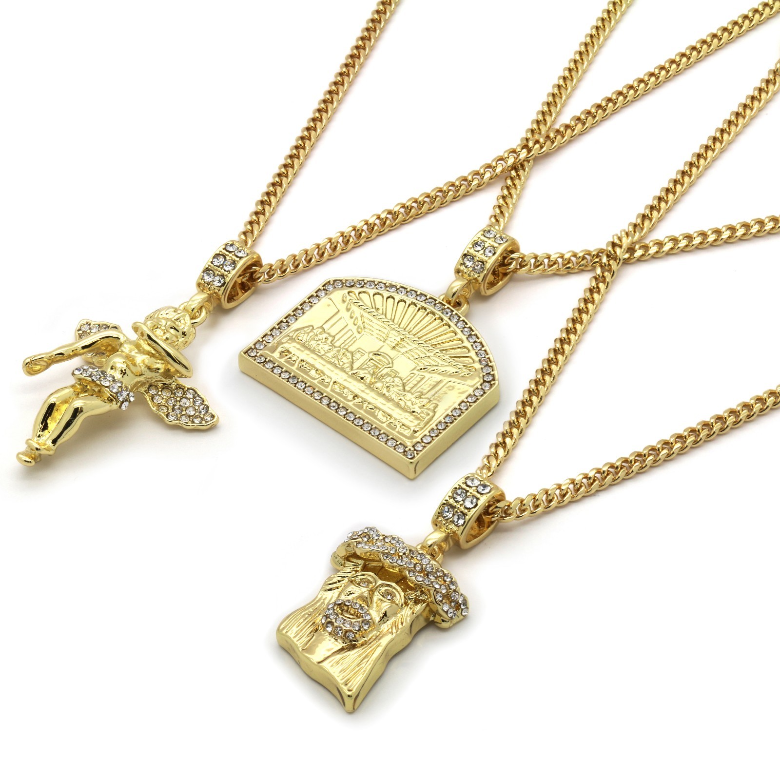 Gold Plated Jesus Angel Last Supper Pendant Cubic-Zirconia 24 27 30 Cuban Chain