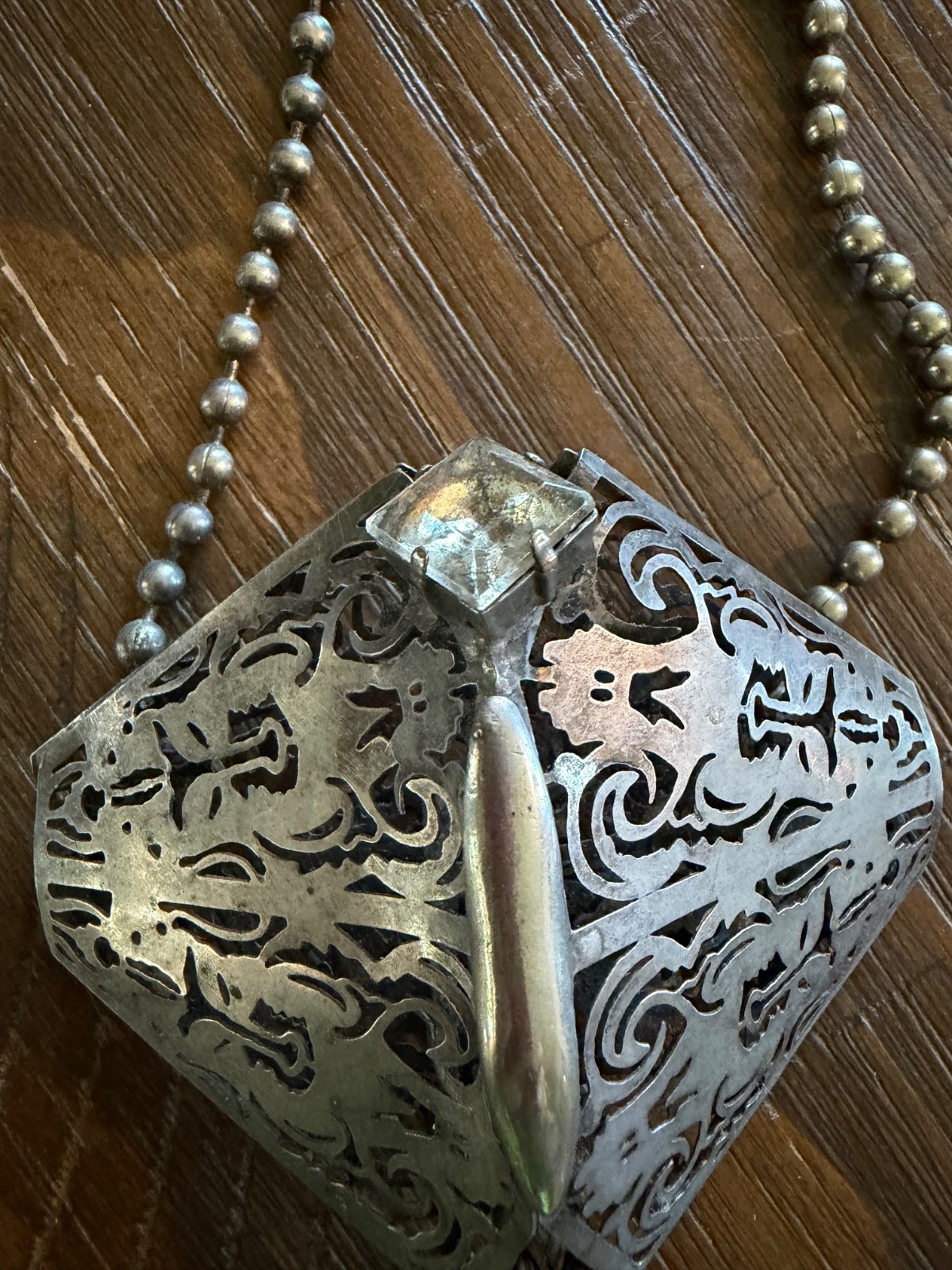 Avant Guard Long Filligree Silver toned Necklace with Crystal on Ball Chain