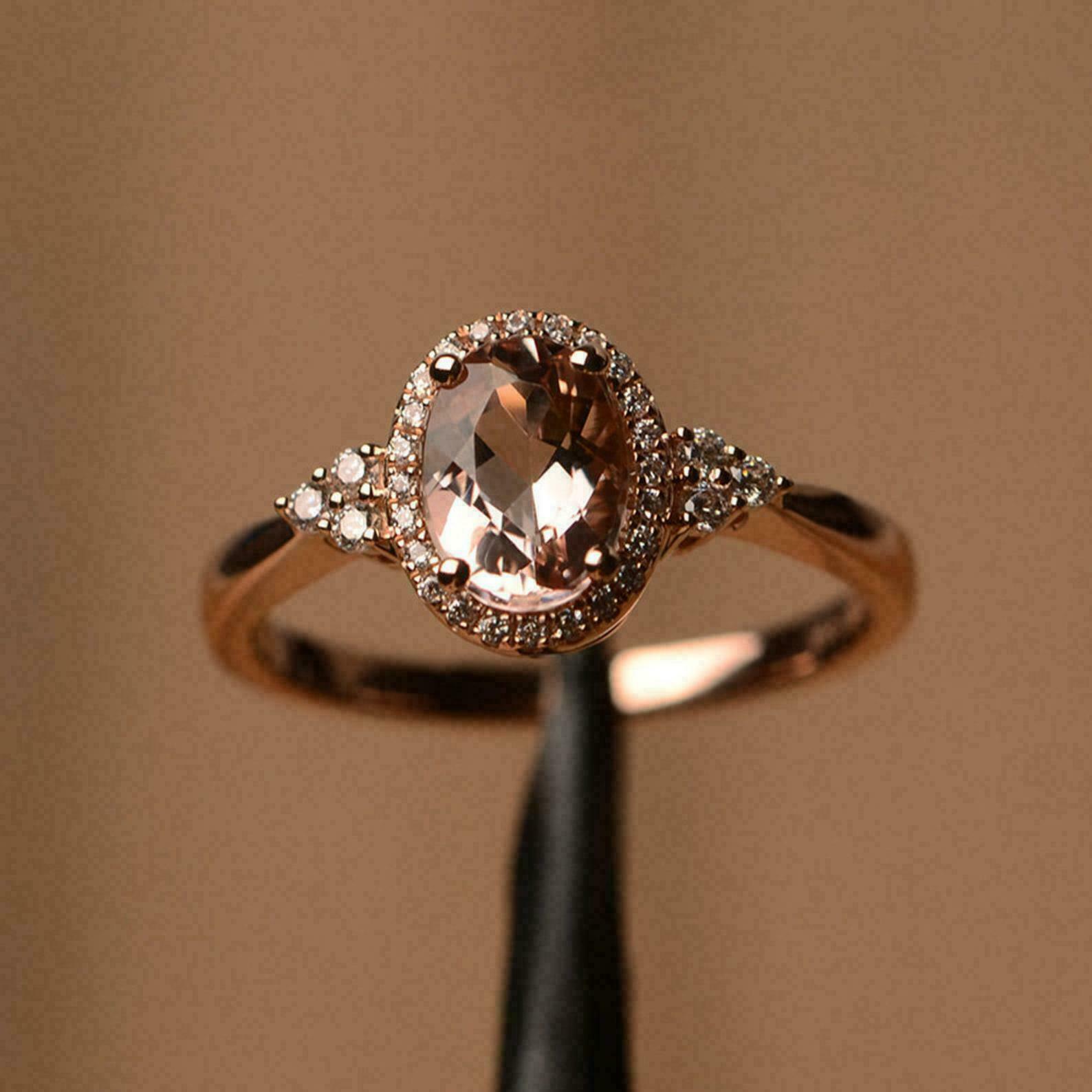 14K Rose Gold Finish 2Ct Simulated Peach Morganite Diamond Halo Engagement Ring