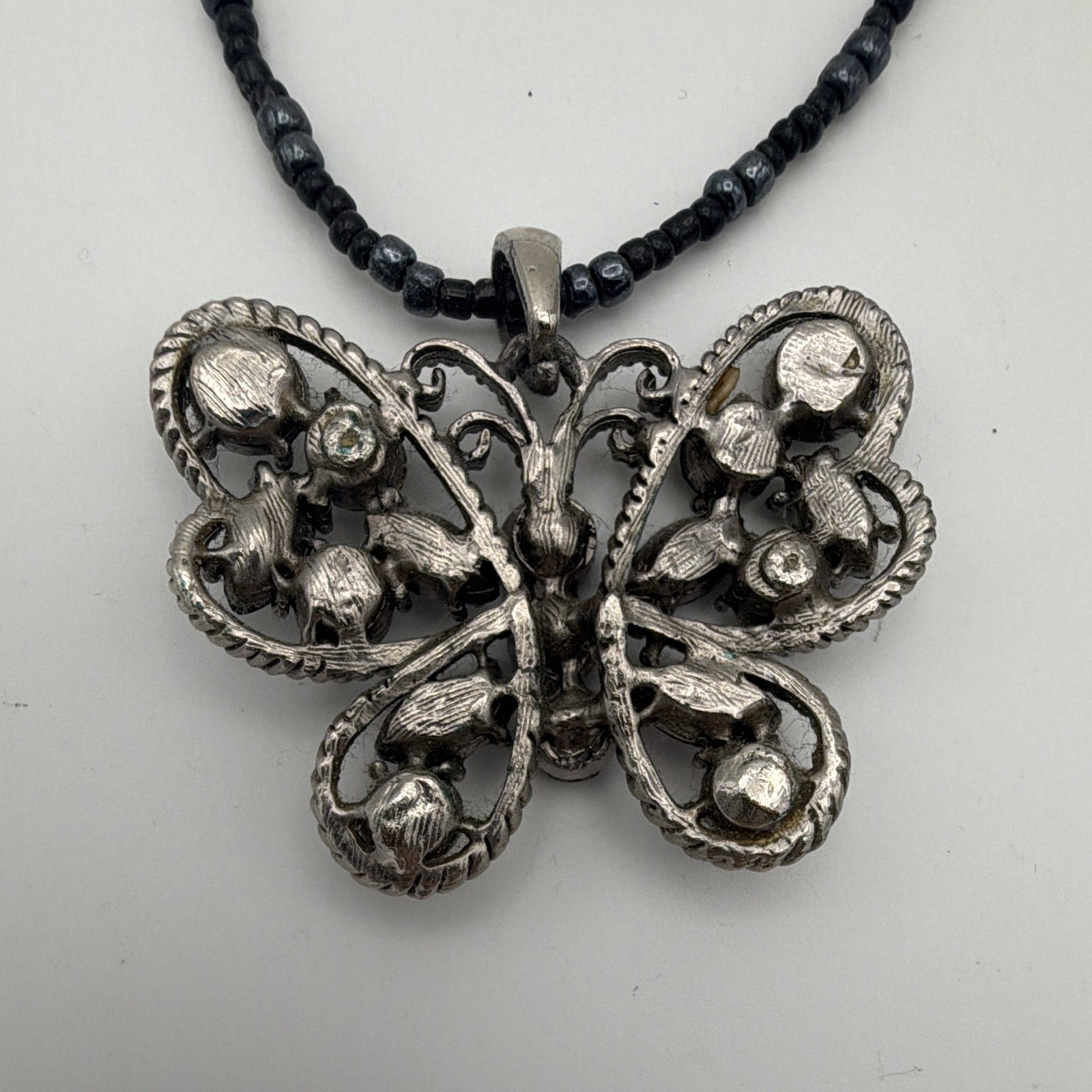Black Beaded Ball Chain Butterfly Charm Pendant Crystal Rhinestone 18-20.5in Adj