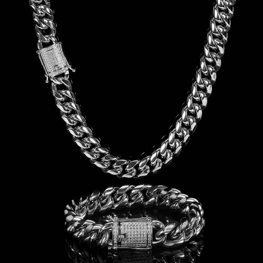 Miami Cuban Link Bracelet Chain Set White Gold Stainless Steel With CZ Clasp