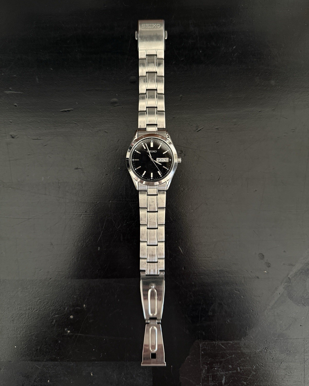 Seiko SUR361 Day/Date Black Dial Silver Stainless Bracelet Watch 100m Analog