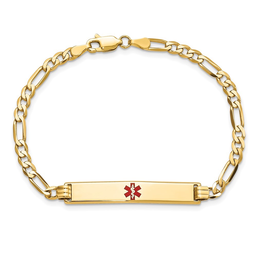 14K Yellow Gold Solid Chain 34x6mm Red Enamel Flat Figaro Link Charm Bracelet 8″