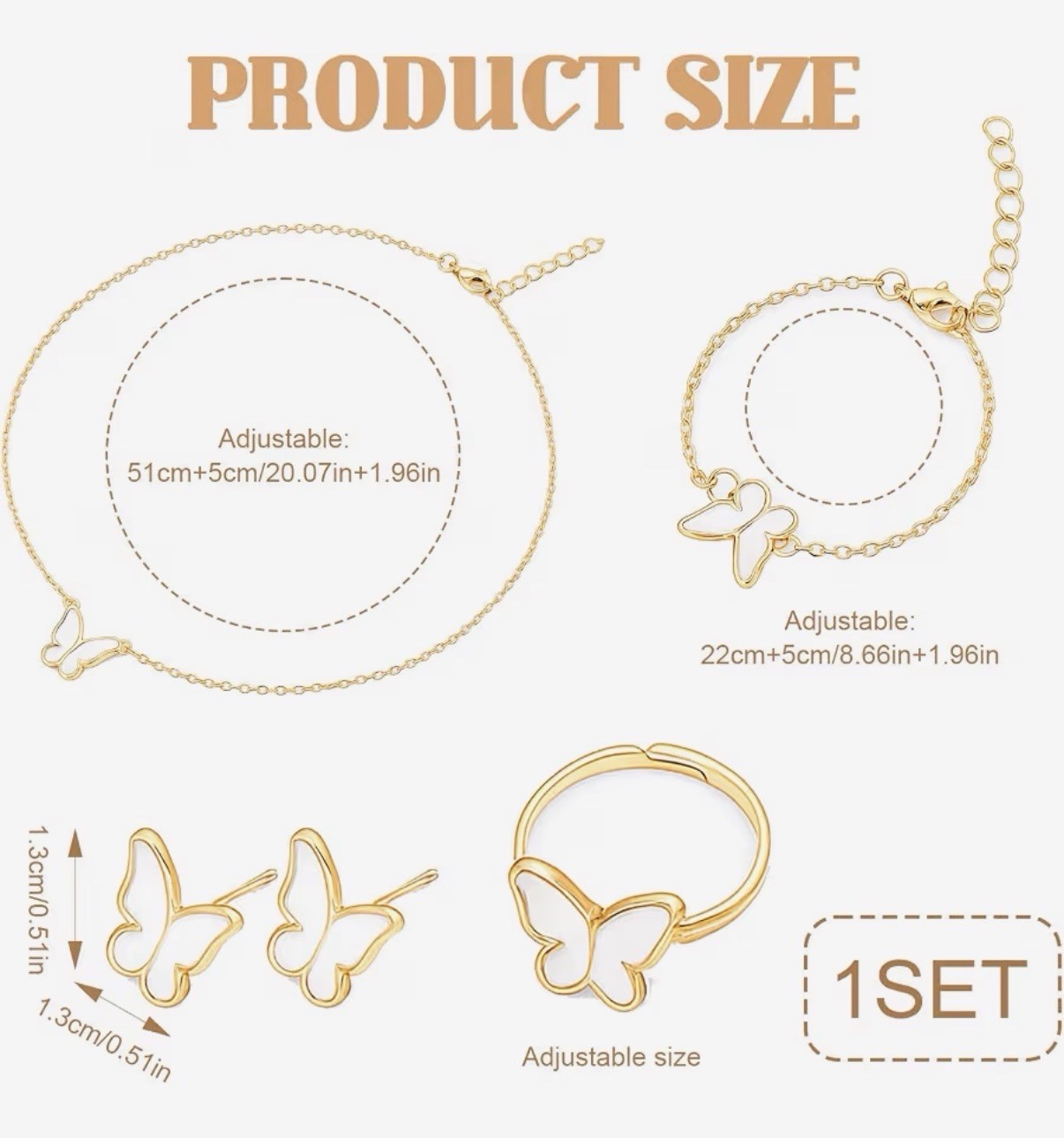 4Pc Butterfly Gold Plated Jewelry Set Necklace Earrings Bracelet Ring for Women