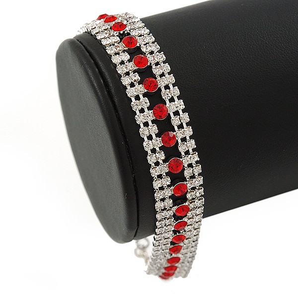 Clear/ Red Austrian Crystal Bracelet In Rhodium Plating – 18cm L/ 5cm Ext