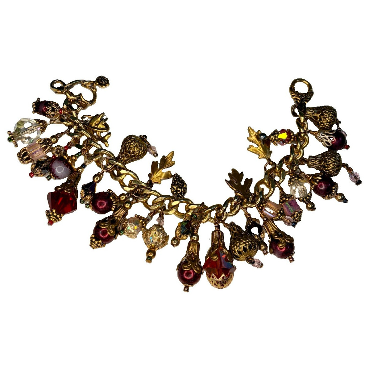 Gold Tone Cable Chain Charm Bracelet Toggle w/ Crystal Dangle Leaf Charms