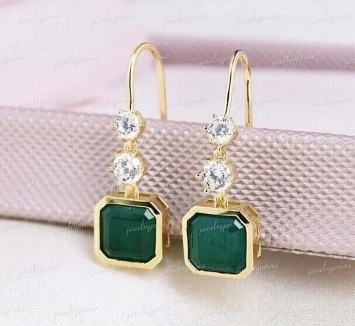 14k Solid Yellow Gold Natural Emerald Earrings Drop Dangle Emerald Earring