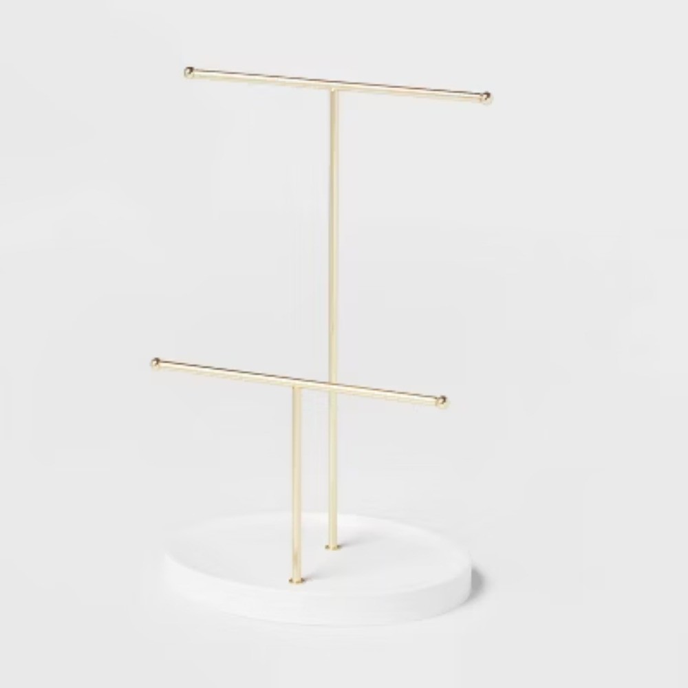 11″ Brass 2-Bar Jewelry Organizer, Gold Iron Holder for Bathroom