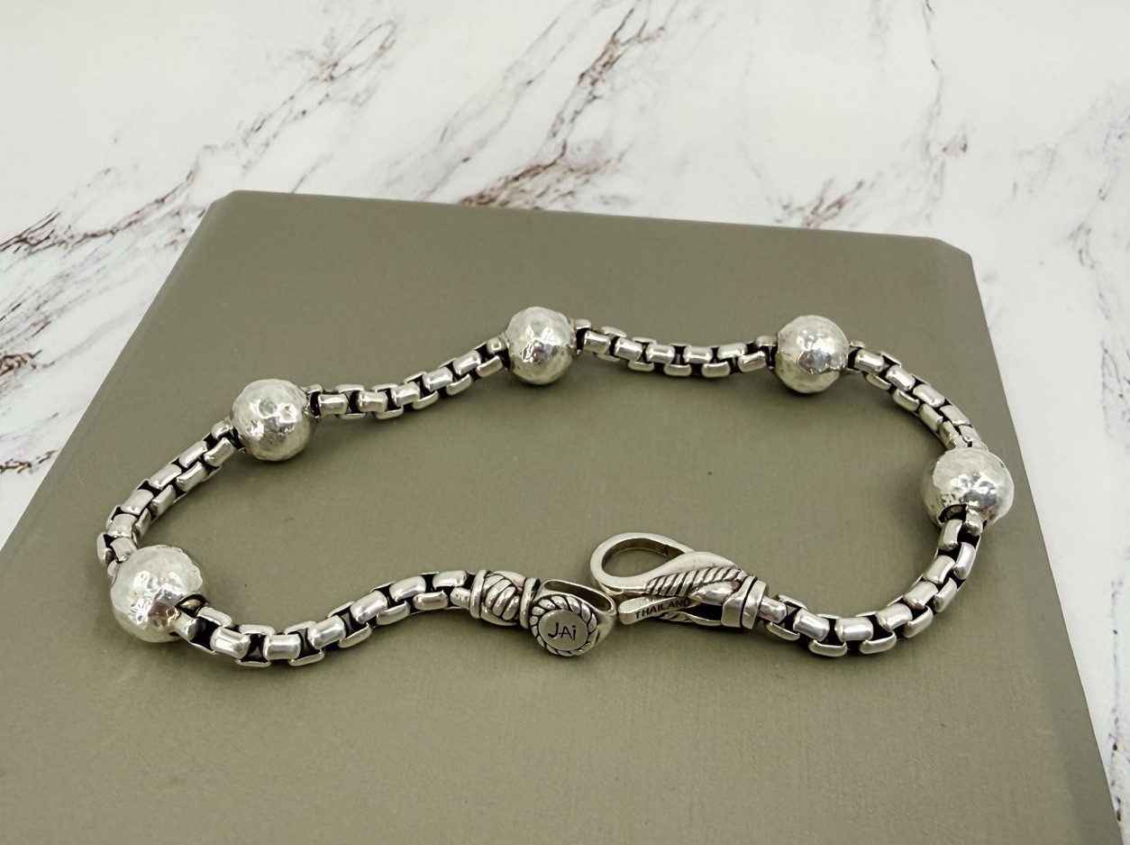 JAI John Hardy 925 SterlingSilver Hammered Ball Station BoxChain Bracelet 8” 15g