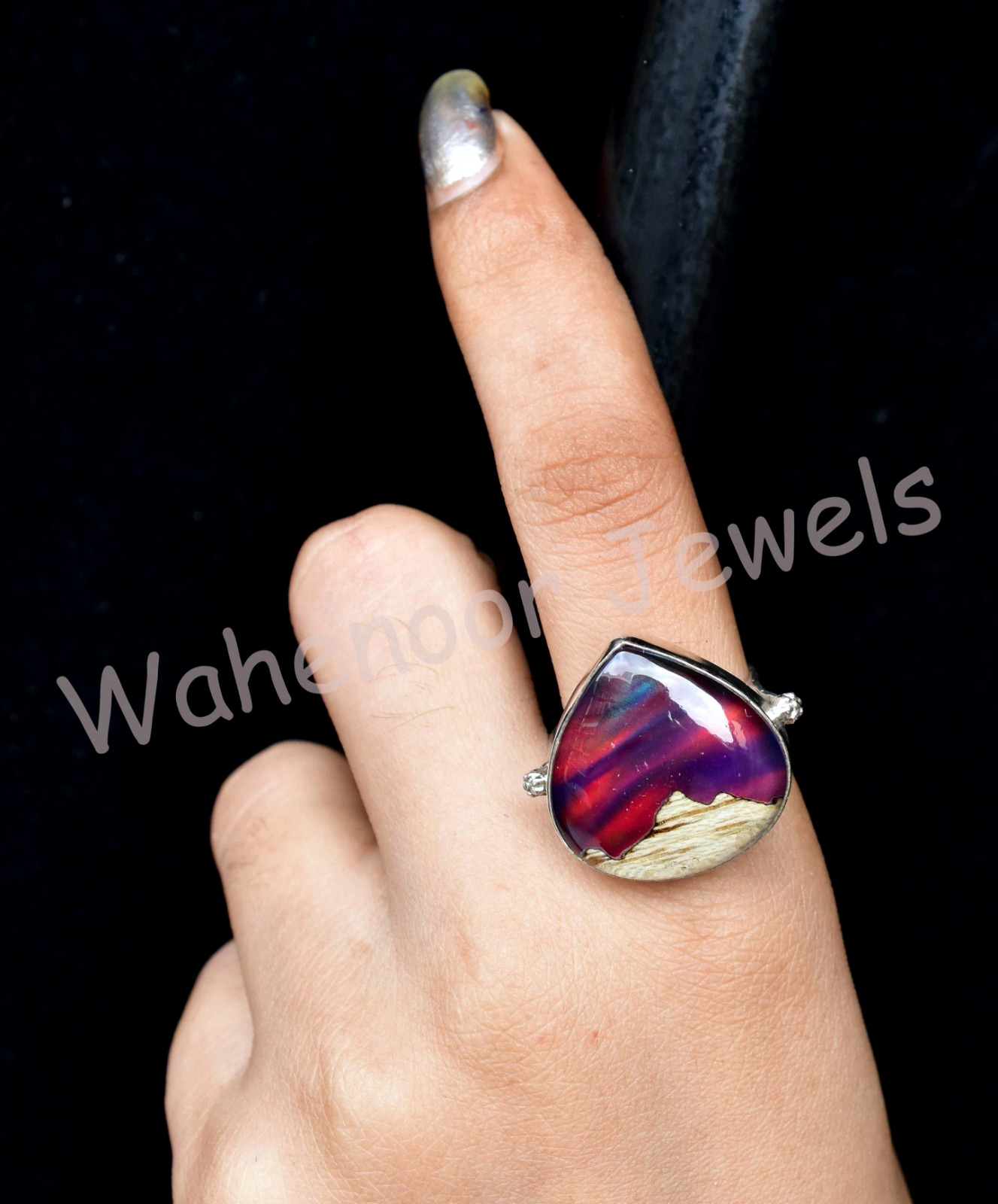 40.55 Ct Mountain Aurora Opal 925 Sterling Silver Ring Size 7.5 US Women Ring