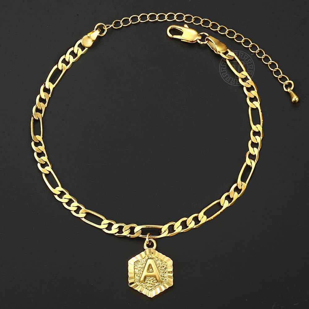 5mm Figaro Hexagon Initial Letter Charm Anklet Bracelet Gold Plated Foot chain