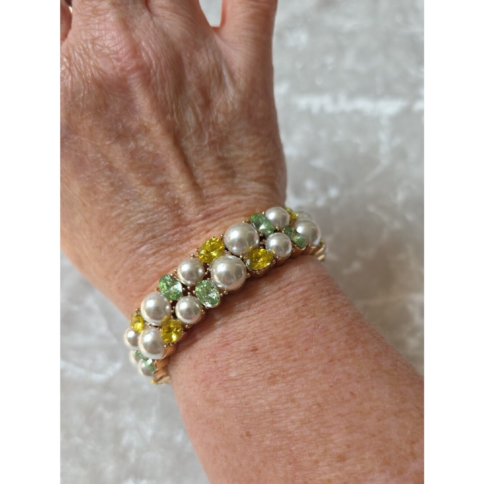 Charter Club Pearl Stretch Bracelet with Yellow and Light Green Crystals
