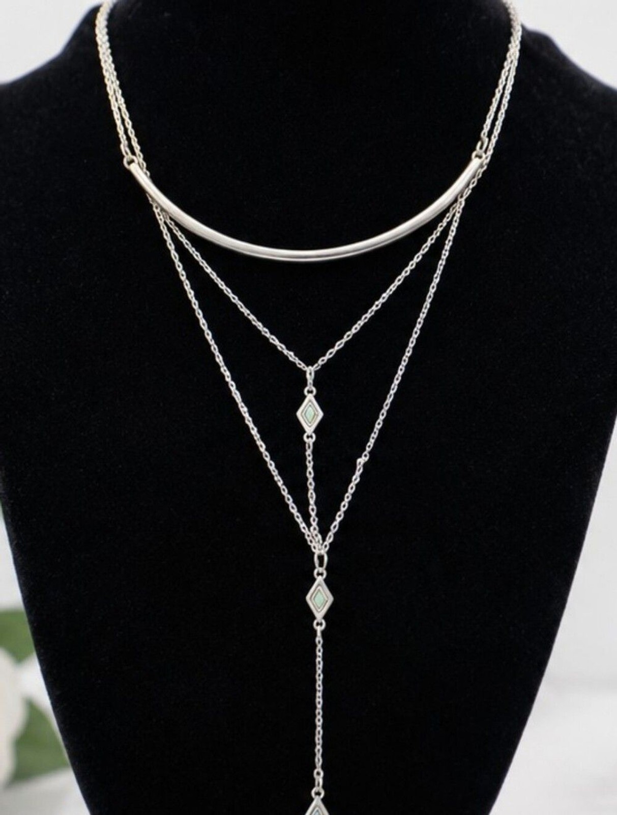 American Eagle Layered Y Drop Lariat Necklace Faux Abalone Silver Tone Boho Y2K