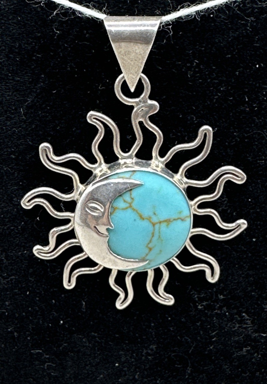 Sterling Silver 36mm Turquoise Sun And Moon Pendant 5.94g /1.90in