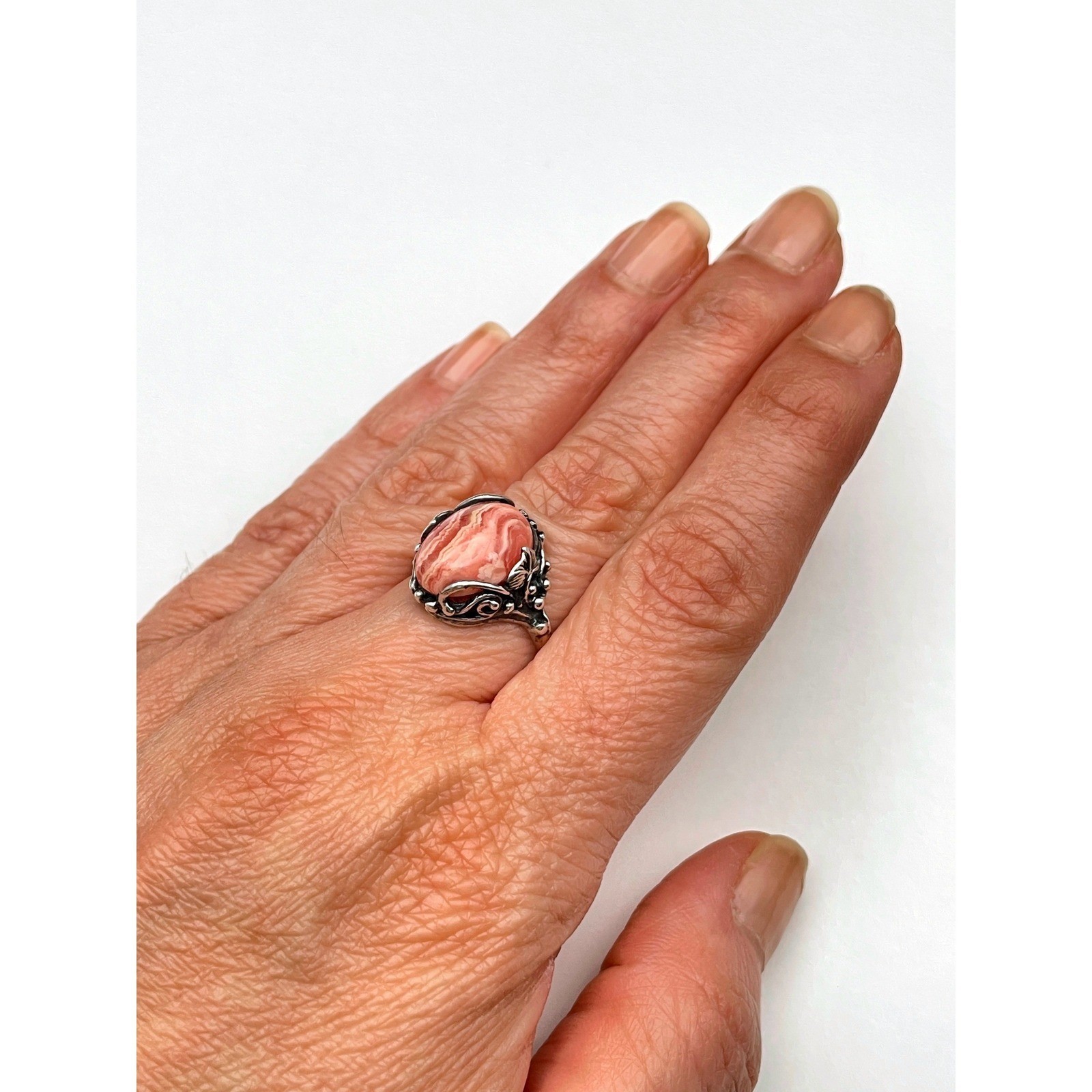 Vintage Pink Rhodochrosite Floral Ring Dainty Feminine Jewelry