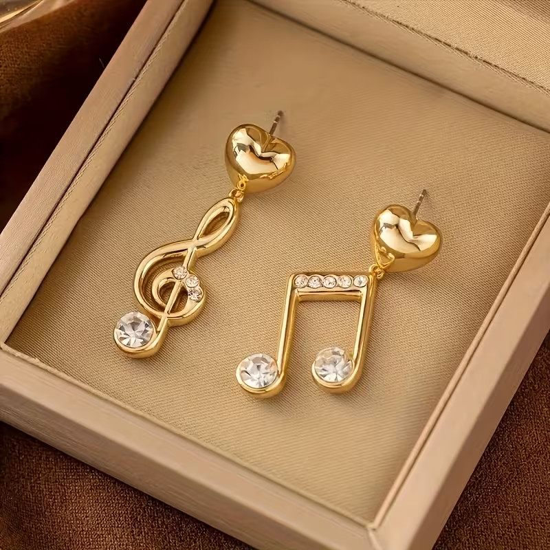 EARRINGS – Cubic Zirconia Gold Drop Dangle Studs – Music Heart Treble Clef