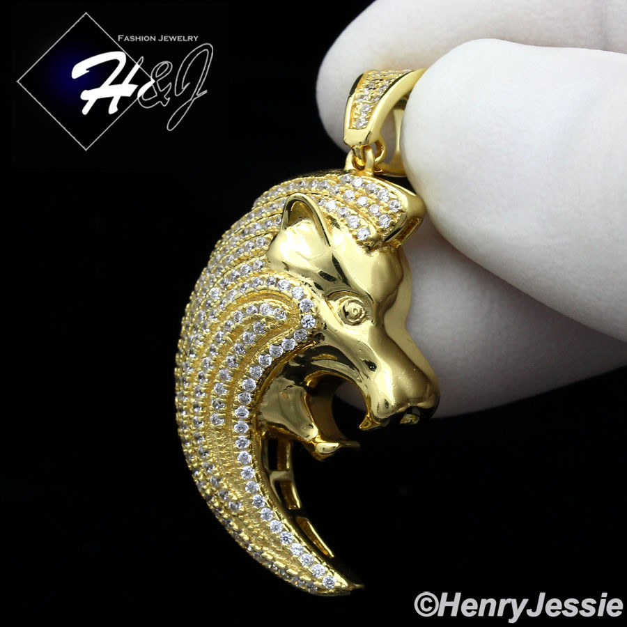 925 STERLING SILVER ICY CUBIC ZIRCONIA GOLD PLATED LION SIDE FACE PENDANT*GP192