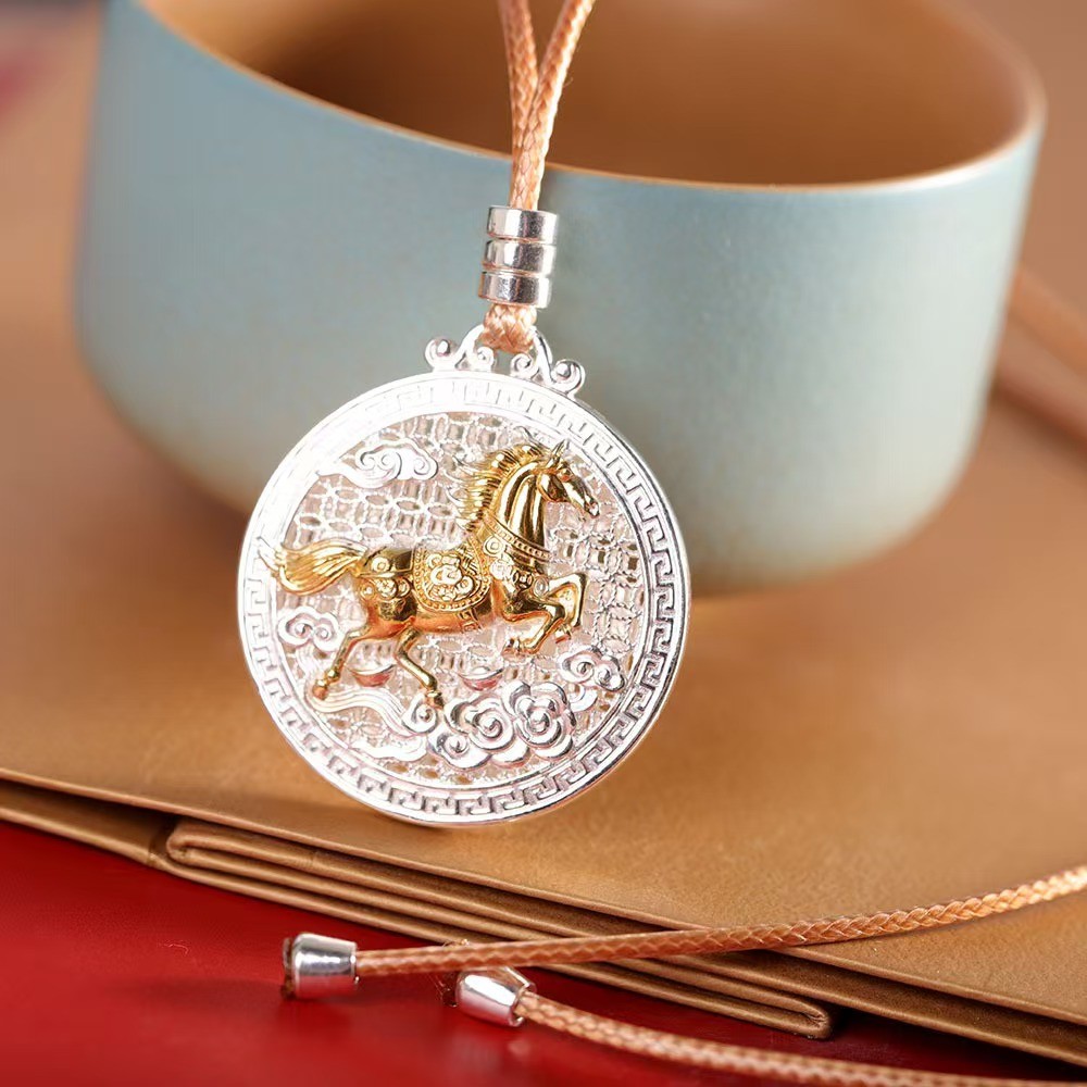 Pure S999 Fine Silver Men Women Enamel Circle Horse Pendant 13-14g 33*30mm