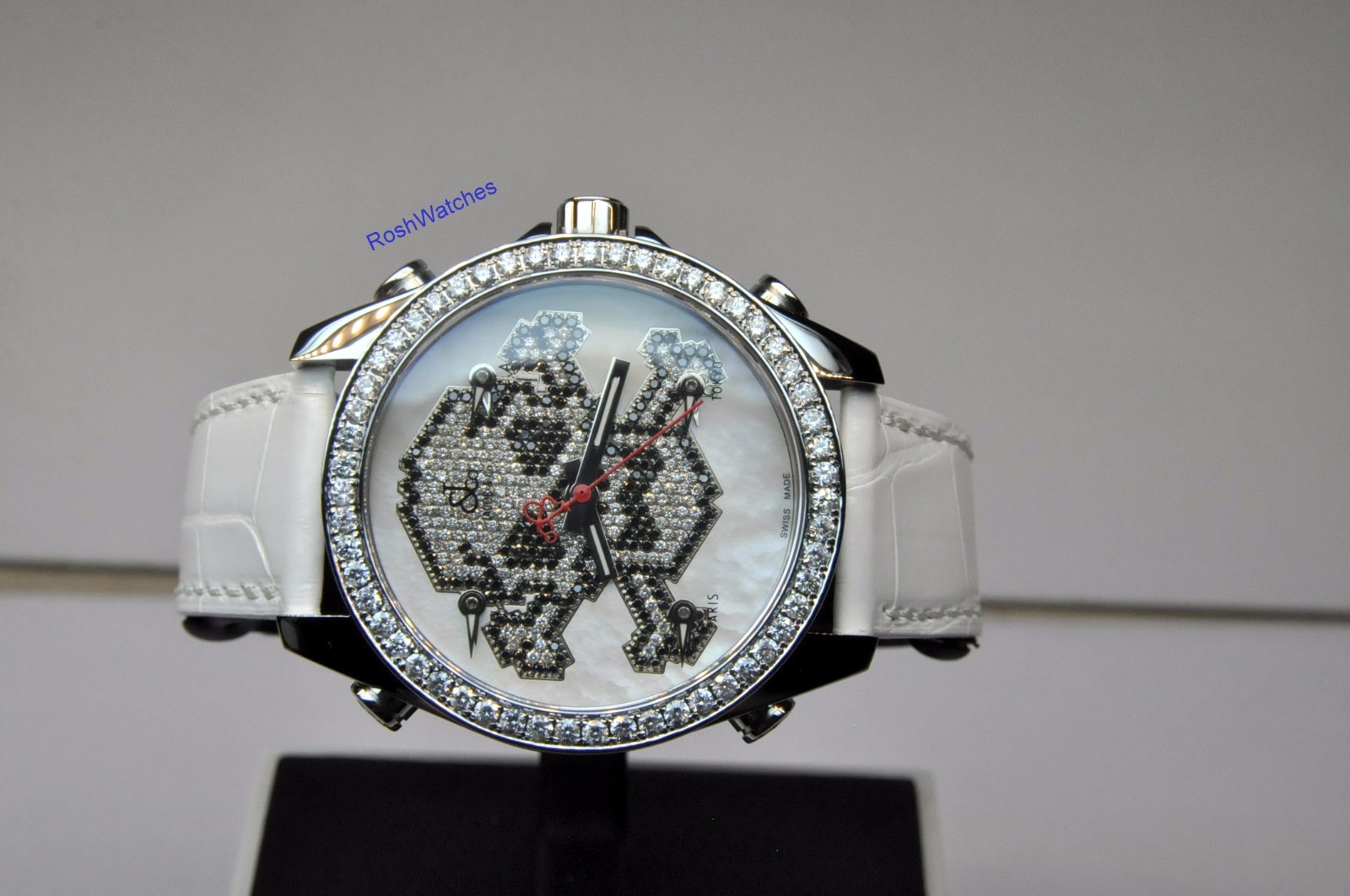 Jacob & Co Five 5 Time Zone 40 MM Diamond Bezel Skull White Dial Watch JC-SKULL7