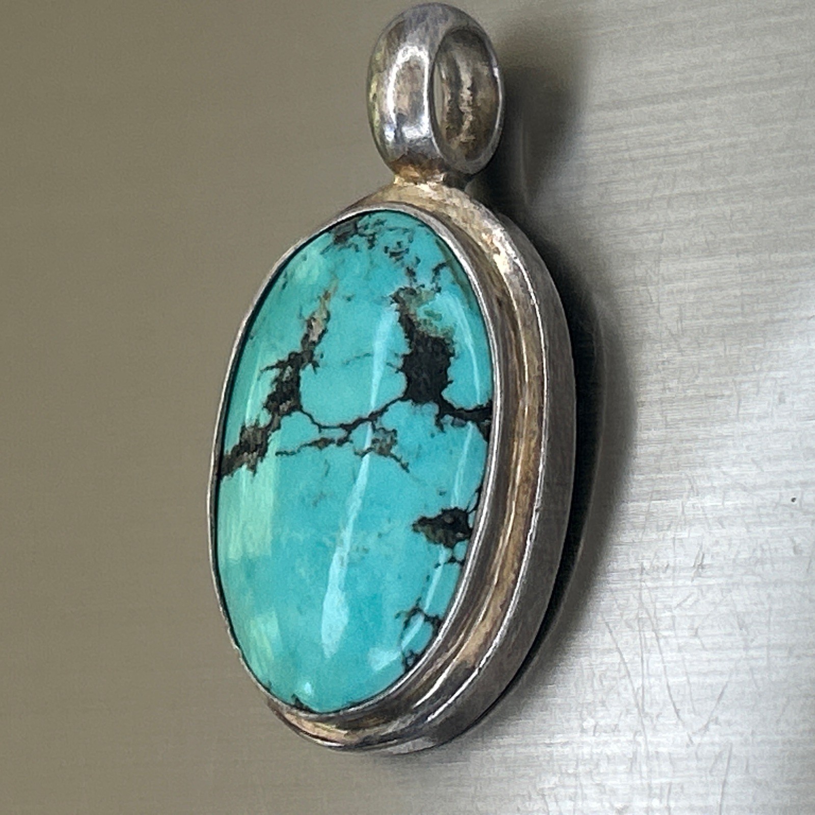 Vintage Turquoise Silver Oval Pendant 1 1/2″ x 3/4″ 13G