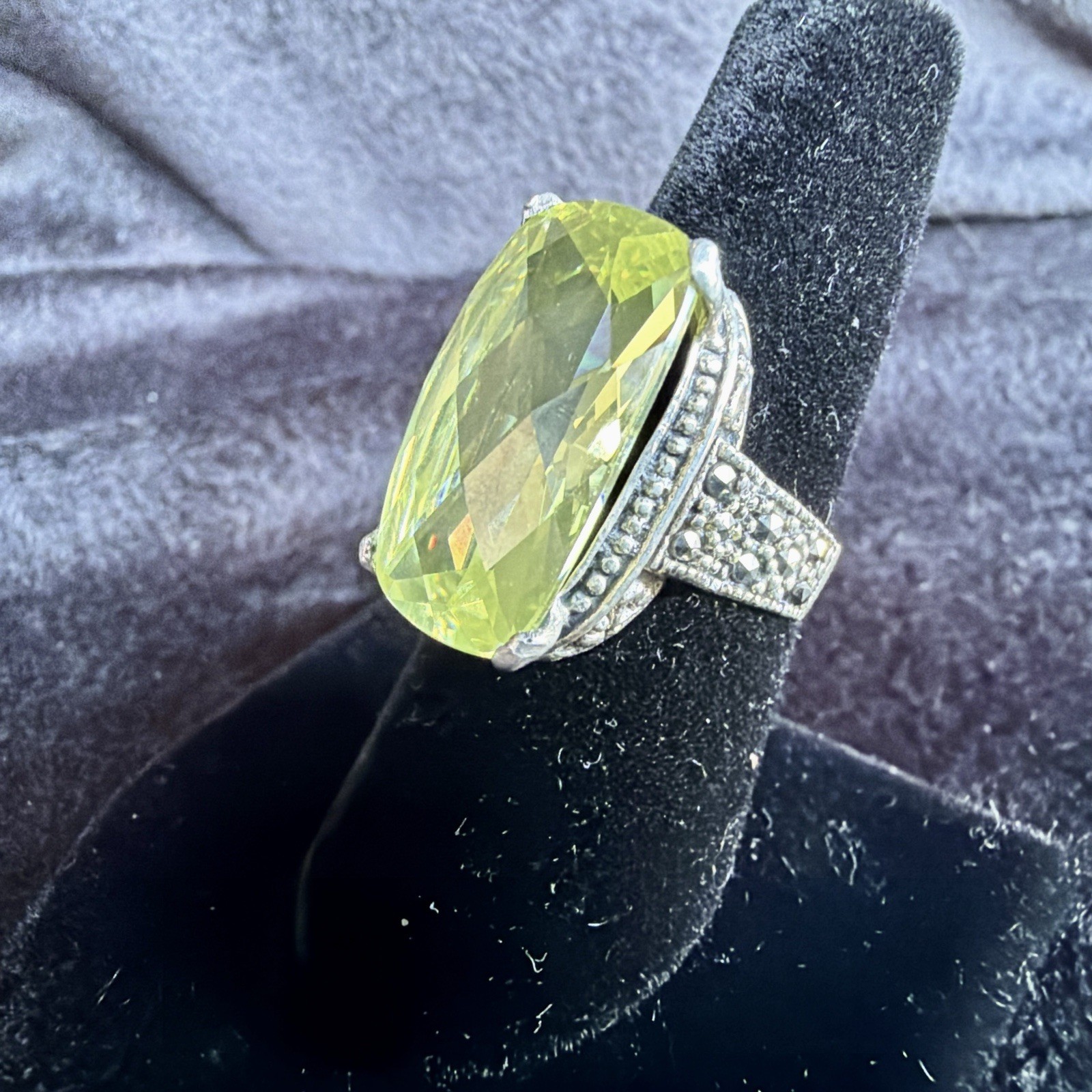 Vtg Sterling Silver Ring .925 Sz 7.5 Marquis PALE Yellow Stone Cocktail Coquette