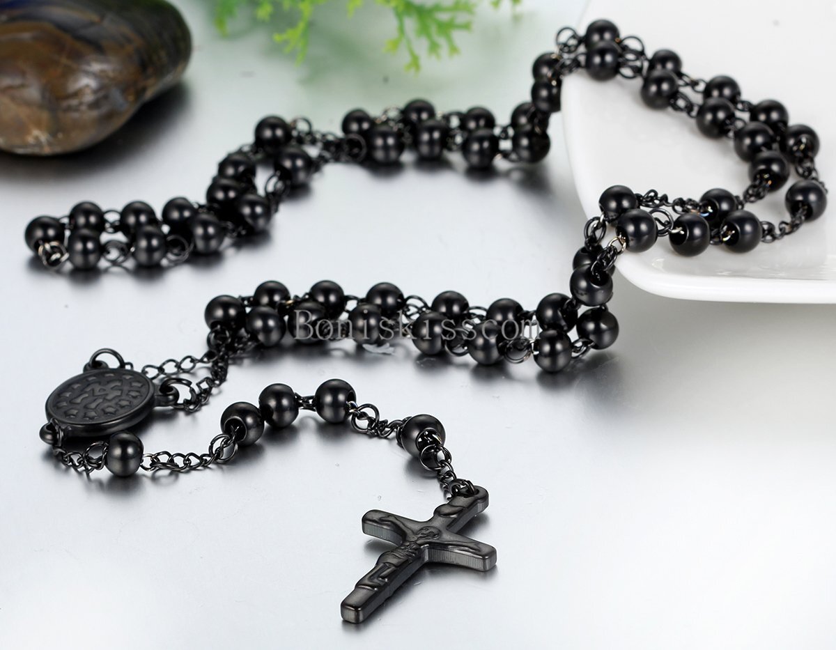 Stainless Steel Jesus Christ Crucifix Cross Rosary Bead Chain Pendant Necklace