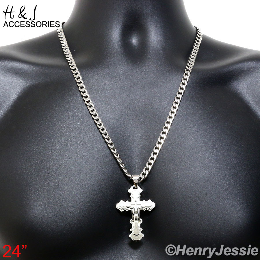 18-40″MEN Stainless Steel 6mm Silver Cuban Curb Chain Overlay Cross Pendant*P76
