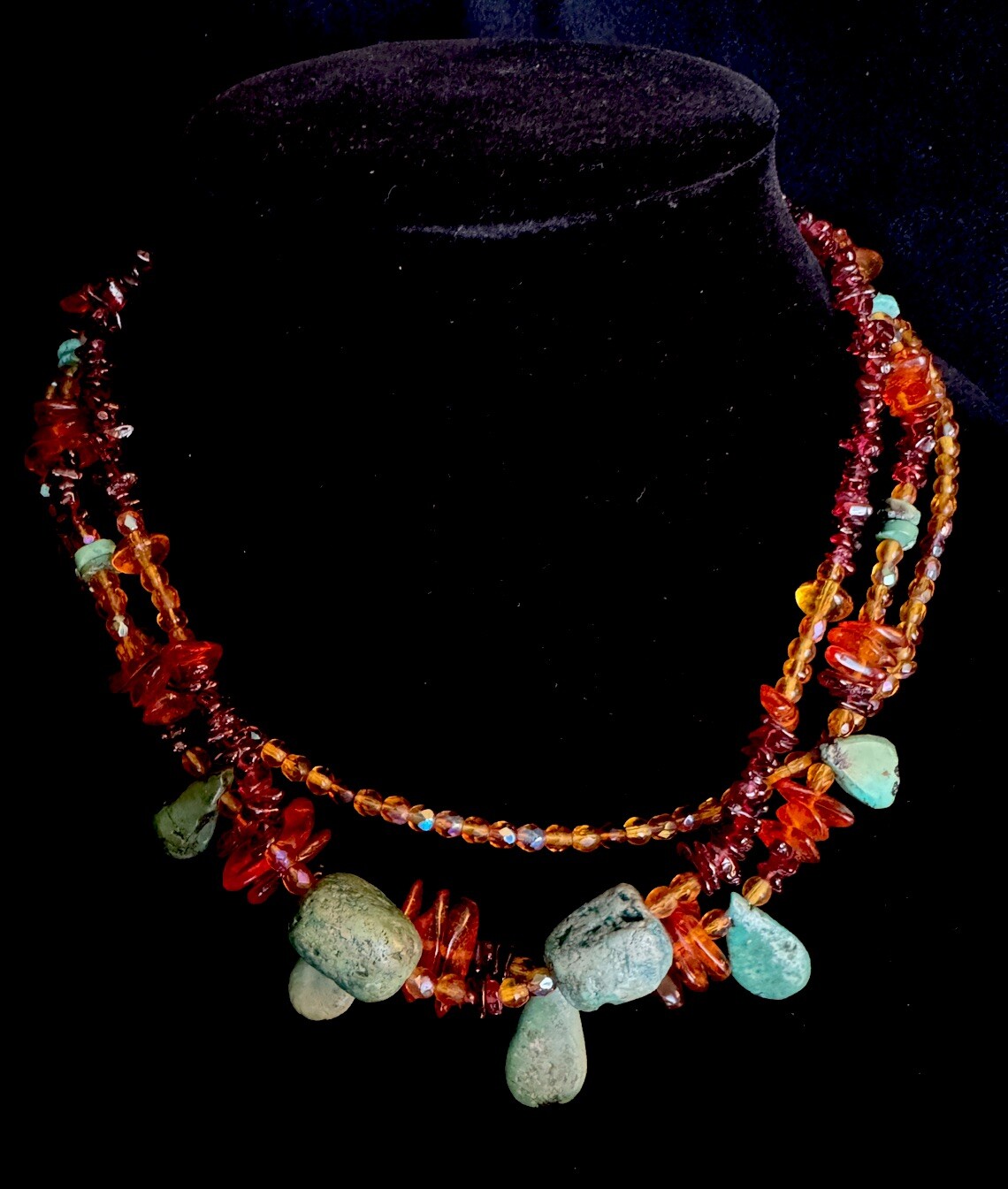 Vintage Handmade Amber Turquoise Sterling Silver 925 Multi Strand Necklace