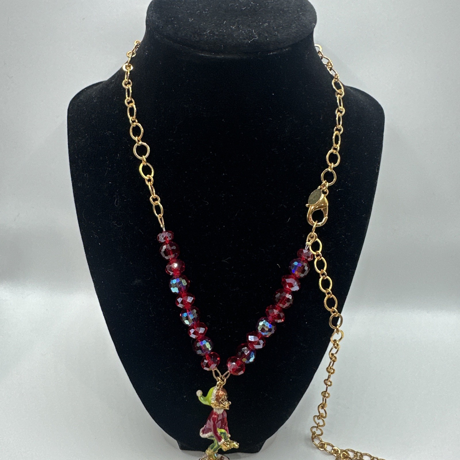 Kirks Folly Brass/Gold-Tone “Ouch the Elf” Red Bead Necklace 29 1/2″ Necklace