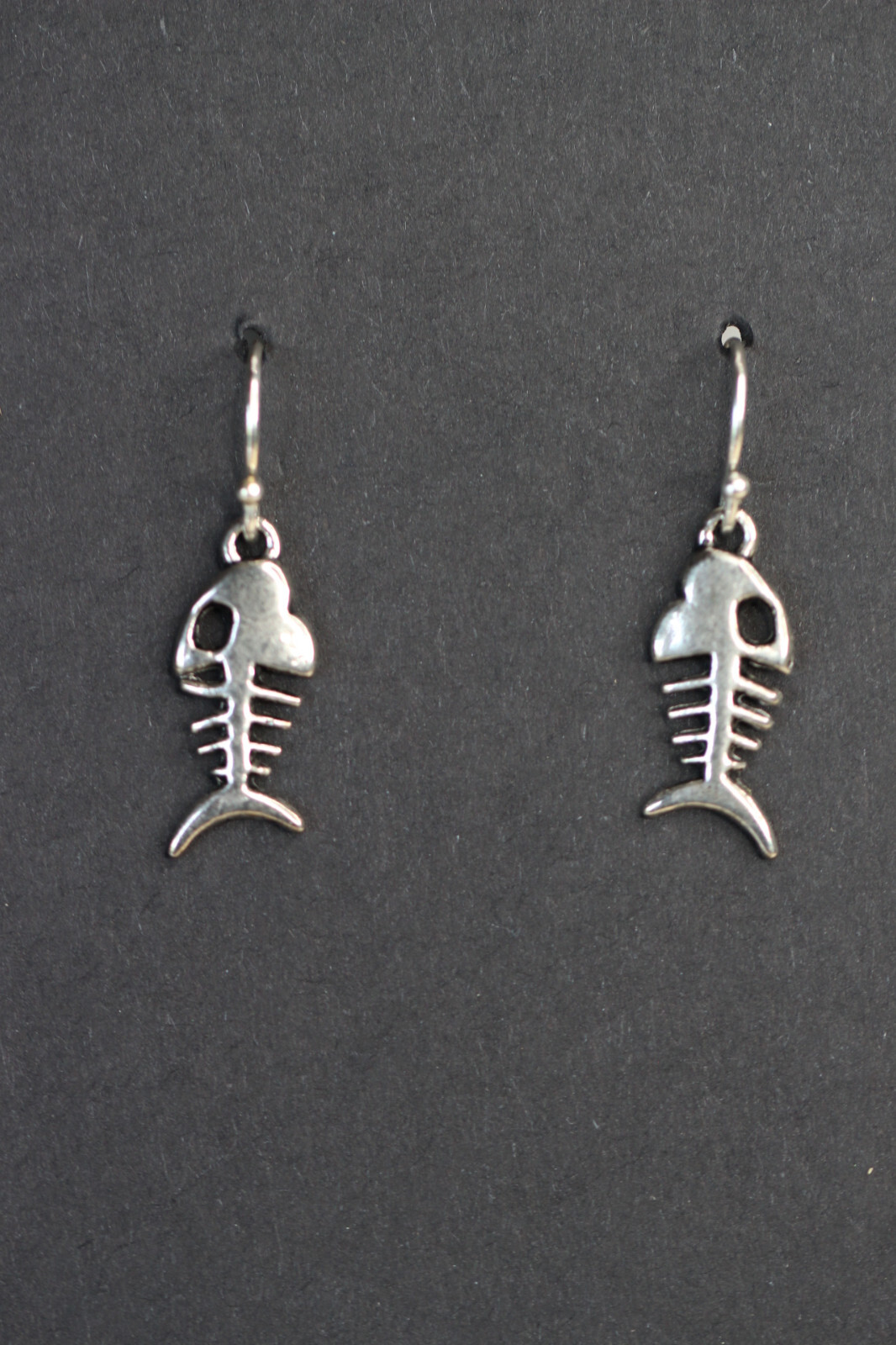 Fish Bone Charm Earrings .925 sterling silver Hook Pewter Charms 1″ Fishing Gift