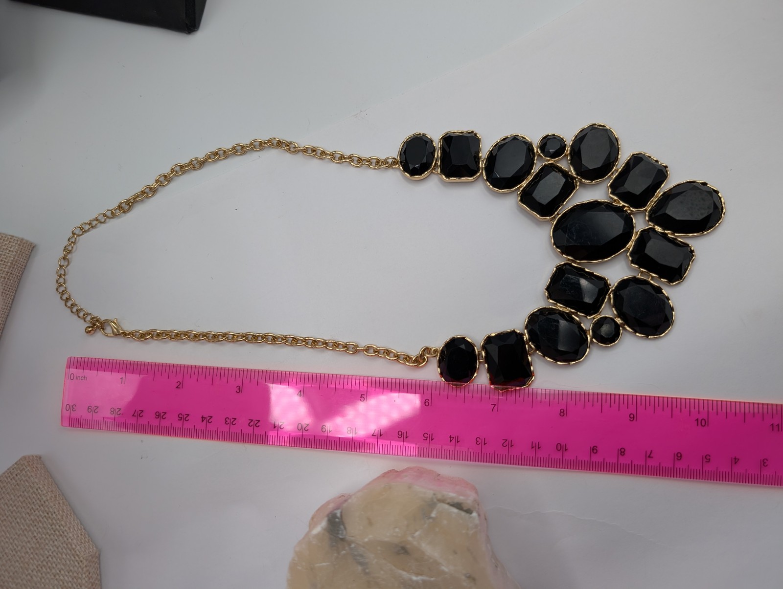 Gold Tone Statement Necklace Black Faceted Resin Gemstone Bib Collar Chain