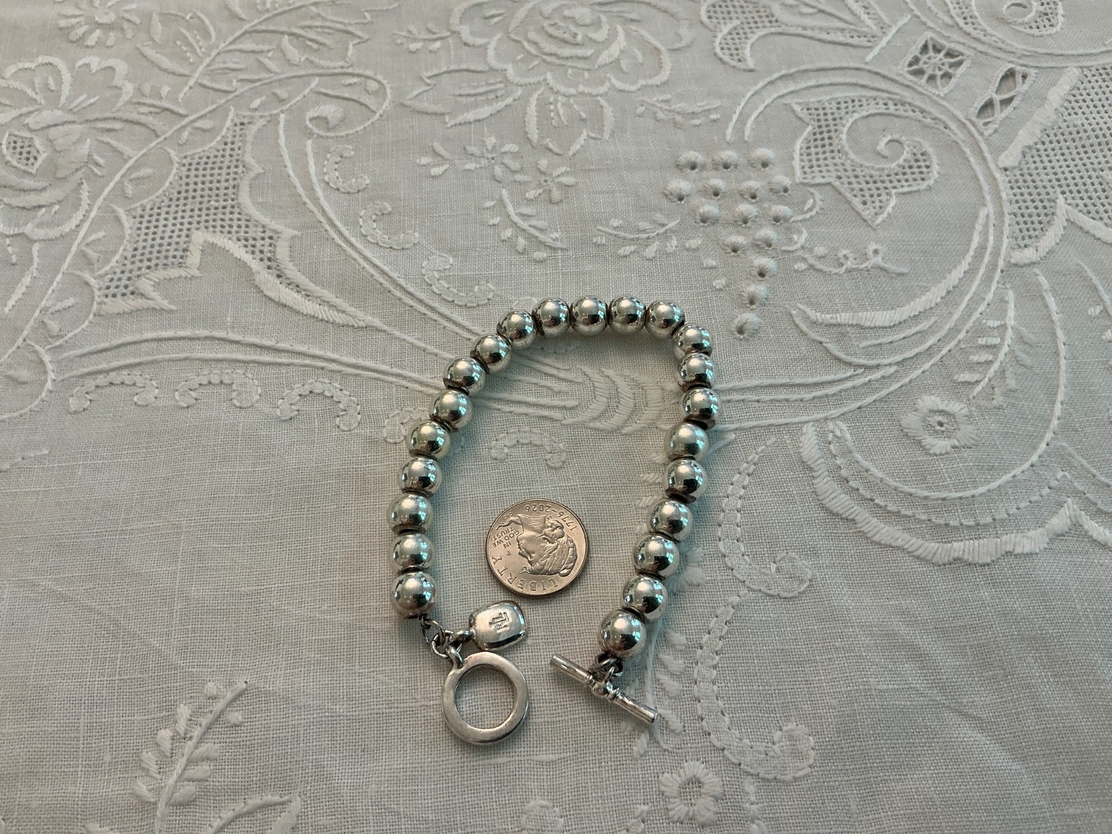 Ralph Lauren Polo Silver Tone Ball Bead Bracelet Toggle Clasp 7.5″ EUC