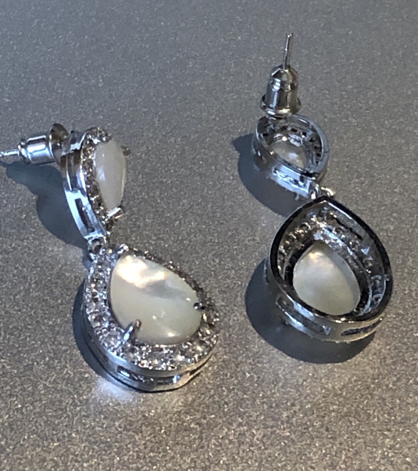 18k White Gold Plated Mother of Pearl Drop Earrings made w/ Swarovski Crystal