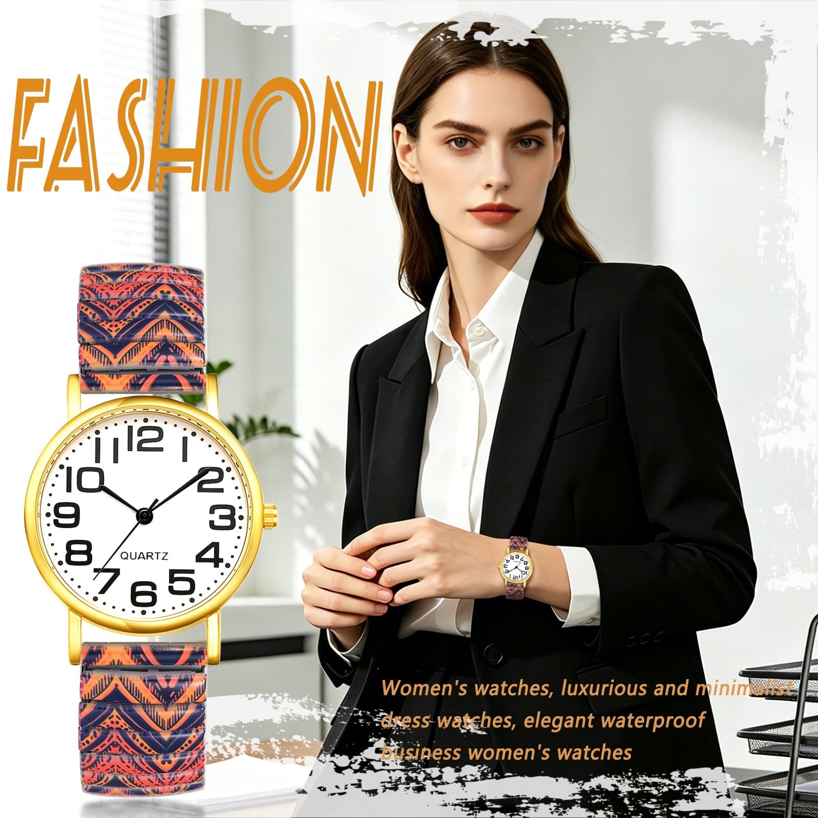 Summer Boho Stailess Steel Strap Floral Print Elastic Wrist Watch Easy Reader