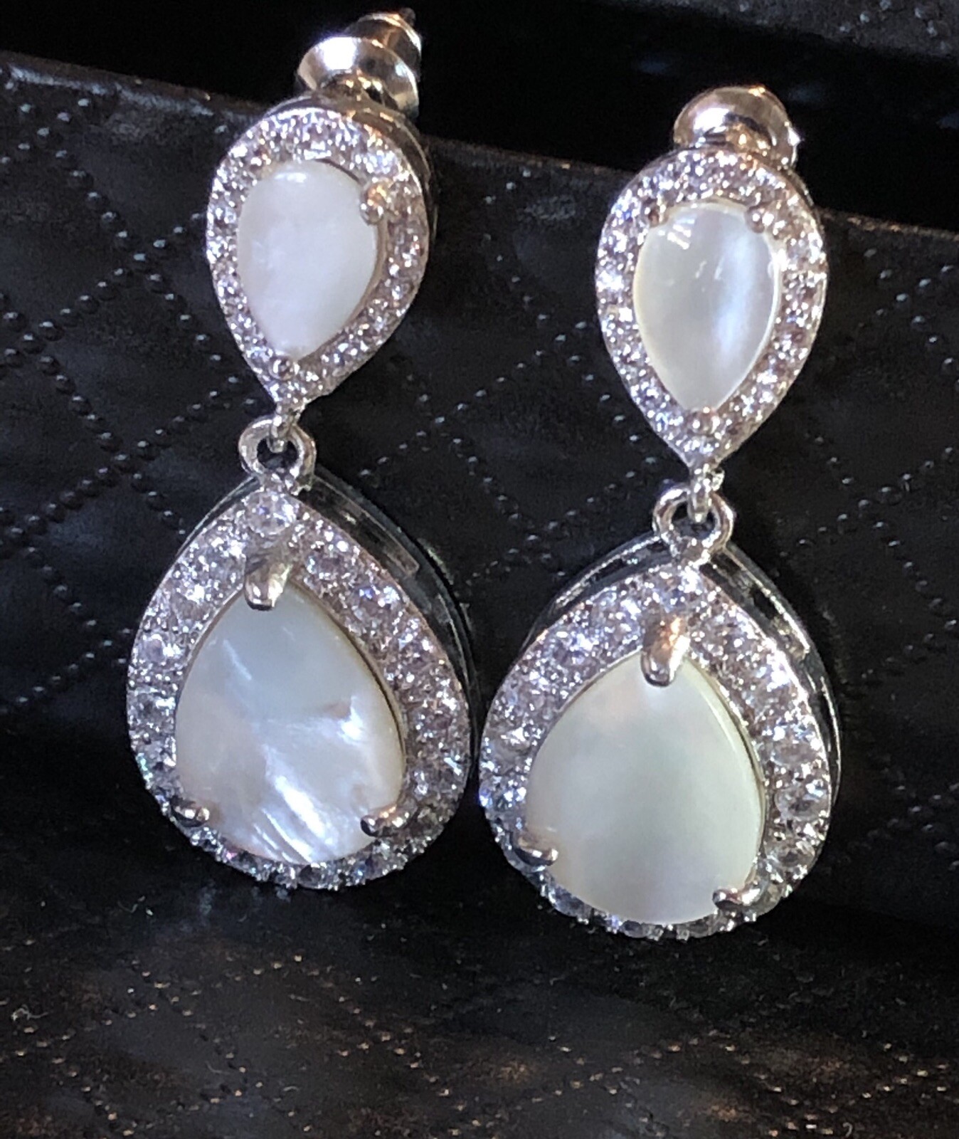 18k White Gold Plated Mother of Pearl Drop Earrings made w/ Swarovski Crystal