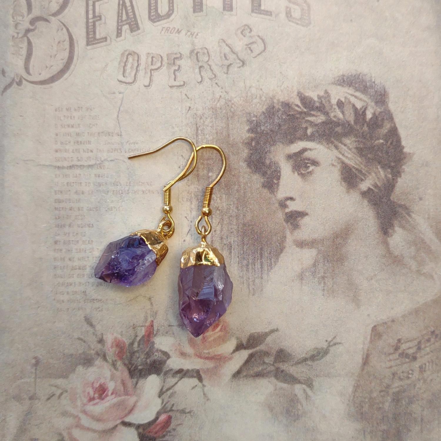 New! Gold (Color) Plated Purple Amethyst Gemstone Crystal Earrings, Free Ship!